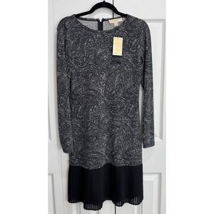 NWT Michael Kors Paisley Long Sleeve Dress Women's XS Black Pleated Hem‎ Hipster